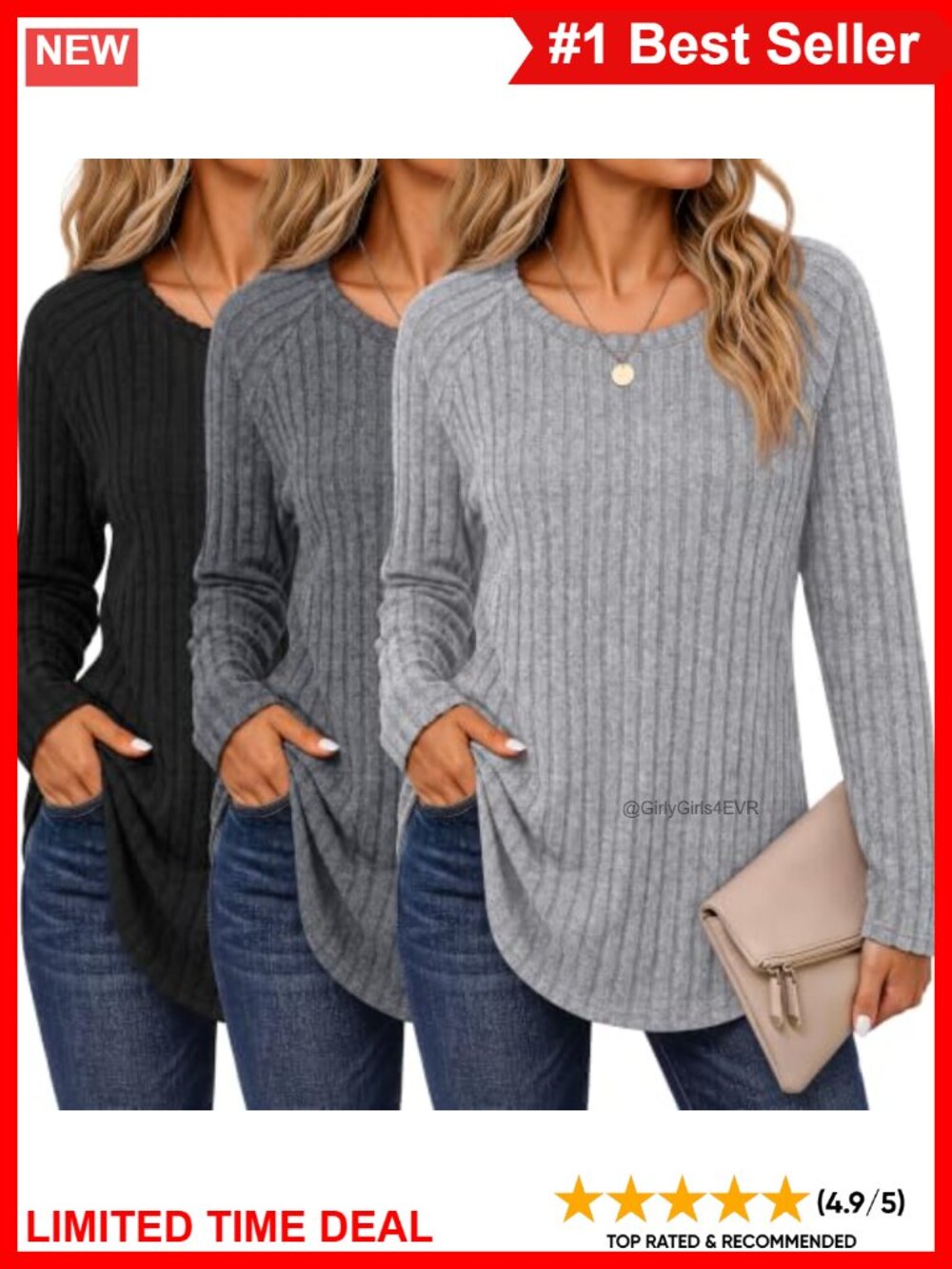 3 Pack Women's Tunic Sweaters Long Sleeve Crew Neck Ribbed Knit Pullover